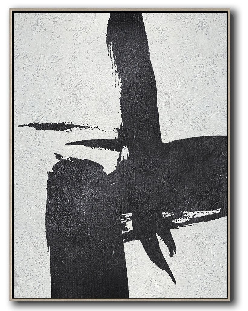 Hand-Painted Black And White Minimal Painting On Canvas - Online Art Auction Chat Room Huge